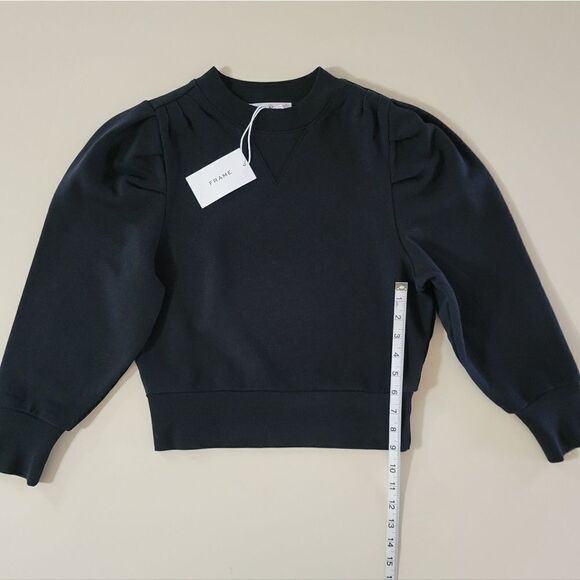 Frame Denim Black Shirred Sleeve Ribbed Crewneck Pullover Sweatshirt - Picture 9 of 16
